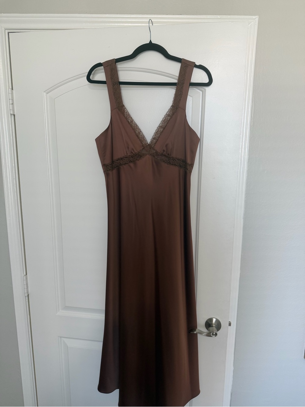 Gianni Bini Brown Satin Lace-Trim Midi Dress